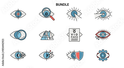 A collection of eye and vision-related icons depicting various optical concepts and medical themes, suitable for digital projects.