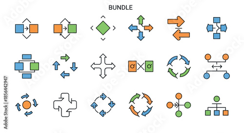 A bundle of diverse vector icons illustrating concepts of process flow, exchange, connection, direction, and interaction using arrows and geometric shapes.