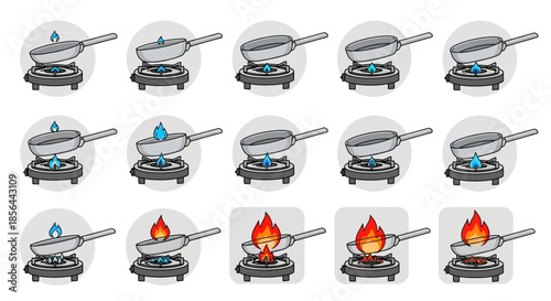 Visual sequence demonstrating the escalation of a kitchen fire from a small flame to a large blaze.