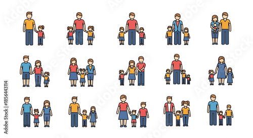 Various family compositions illustrated with simple stick figures, showing parents and children in different group sizes and arrangements.