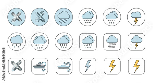A collection of weather icons showing various conditions like no wind, rain, and thunderstorms in different styles.