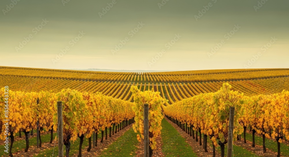 Fototapeta premium Scenic golden vineyard panorama in autumn with rows of grape vines