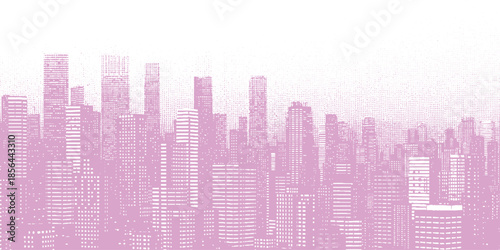 Modern City Skyline Silhouette with Pink Hues and Abstract Geometric Patterns.