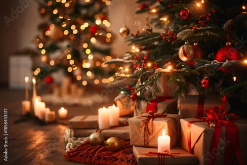 Cozy christmas tree with glowing lights and gift presents