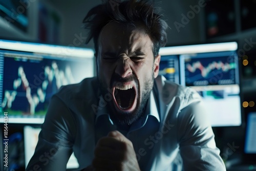 Stressed trader screaming in financial market crash despair