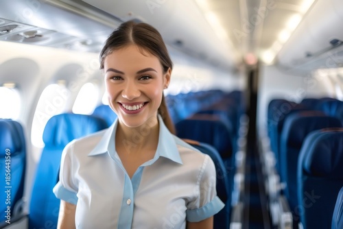 Friendly flight attendant smiling inside airplane cabin