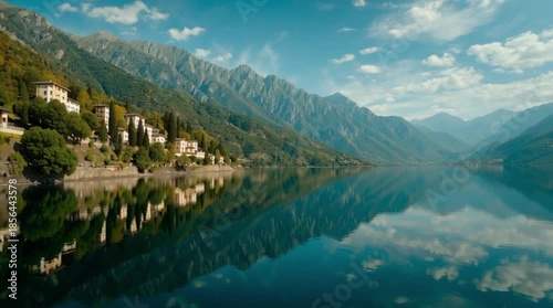 Serene video footage of a picturesque lake nestled among mountains with a small village nearby