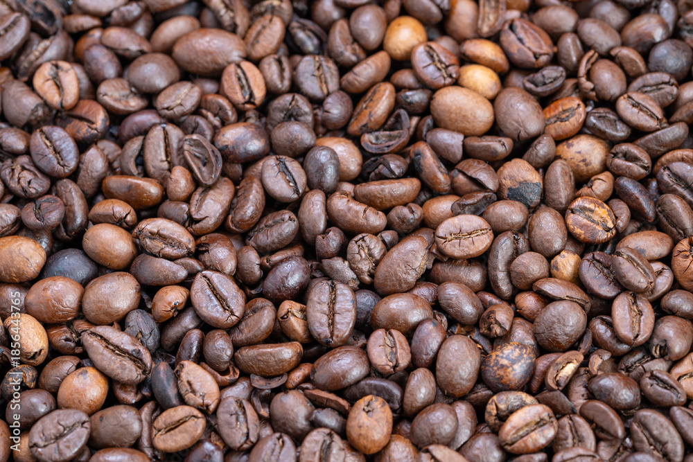 Fototapeta premium Closeup of roasted coffee beans, Detailed view of glossy roasted coffee beans on tray surface, Close examination of polished roasted coffee beans illuminated softly on tray