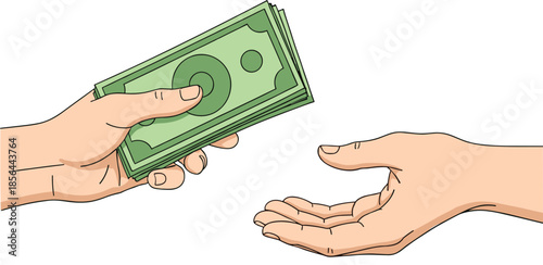Flat vector illustration of a hand giving a stack of green banknotes to another hand isolated on white background for payment finance and business