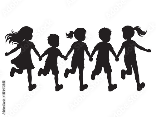 Silhouette black of children running together vector illustration