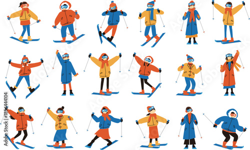 スキーをする人のフラットイラストセット
