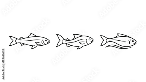 Three different illustrations of fish in various styles facing right in a row showcasing different artistic interpretations of aquatic life in a simple yet distinctive manner.