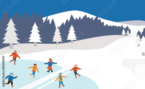 冬の森のスケートリンク背景イラスト