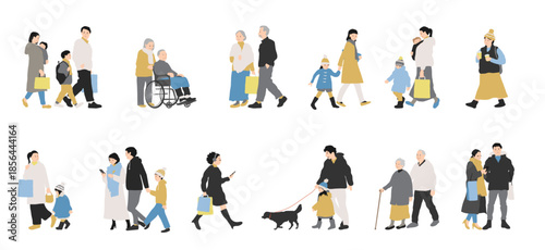 表情のある人物イラストセット　家族と高齢者の日常の外出風景
