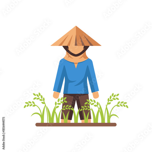 Cartoon farmer wearing traditional hat stands in rice field illustration agriculture.
