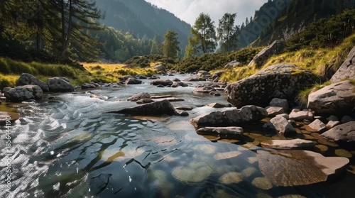 A serene video of a river flowing through a rocky mountain landscape with lush greenery