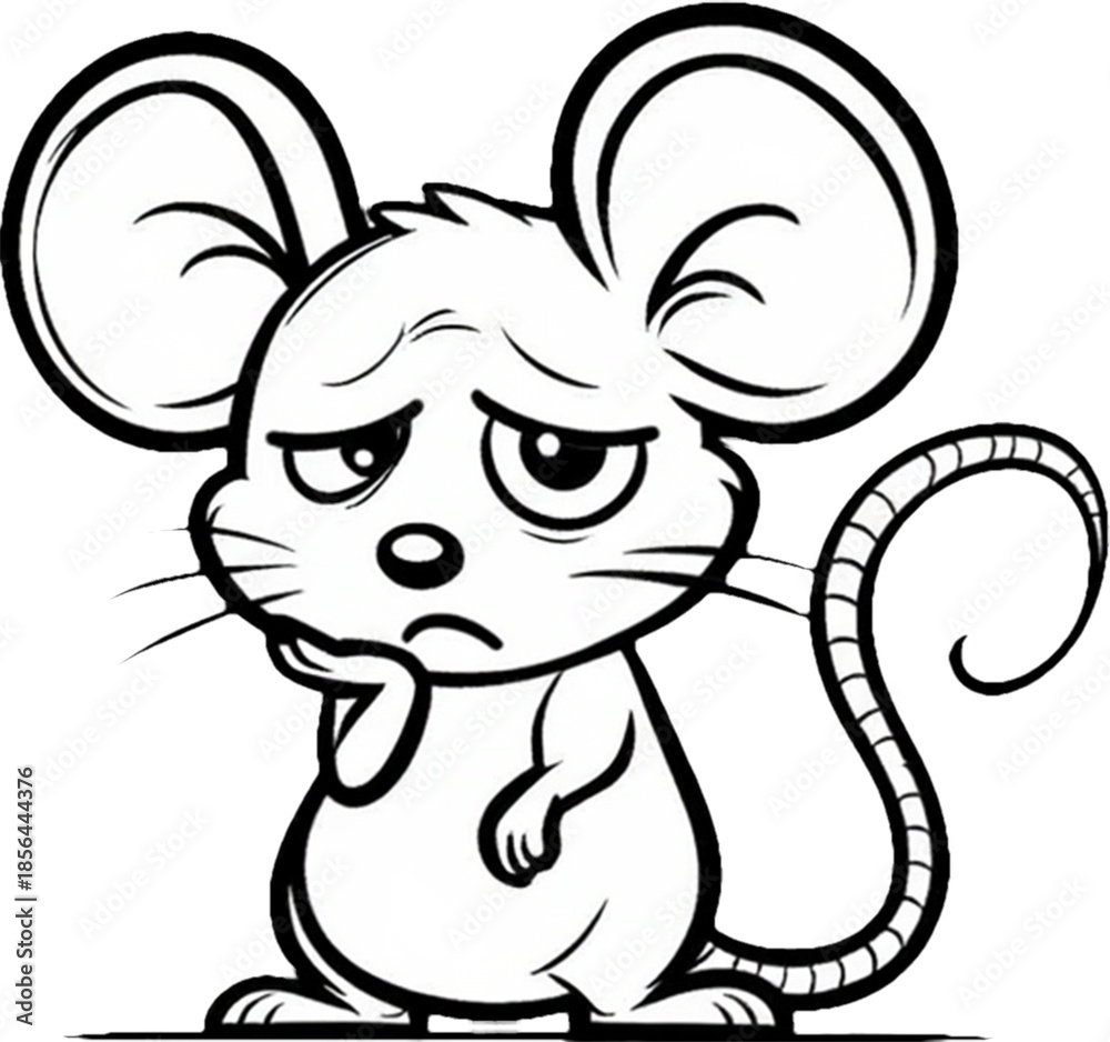 Fototapeta premium Grumpy little mouse cartoon line art with big ears and a funny angry expression.