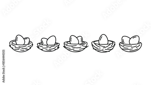 Simple black and white illustration of five nests each containing two eggs displayed in a row on a white background, symbolizing new life and reproduction in a minimalist style.