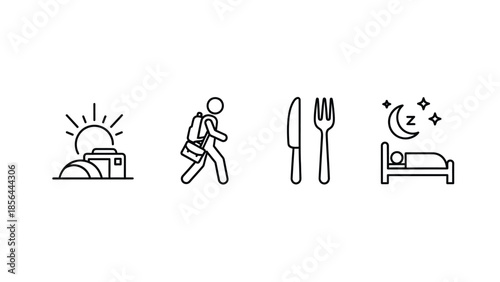 Simple line icons representing daily activities like waking up, hiking, eating, and sleeping, perfect for app design or website graphics illustrating a person's daily routine and lifestyle.