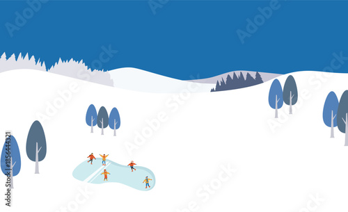 広大な冬の自然とスケートをする人たちの背景イラスト