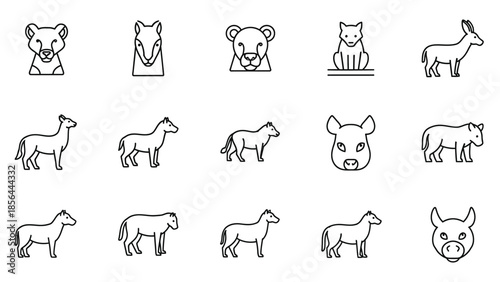 Farm and wild animal outline icon set including dog cat bear horse cow pig and goat, minimal line vector symbols 