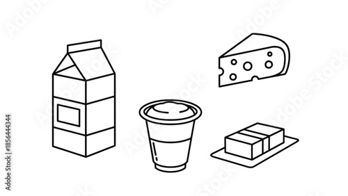 Dairy food outline icon set including milk carton yogurt cup cheese slice and butter block 