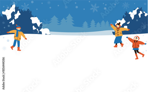 雪国の人と冬の背景フレームイラスト