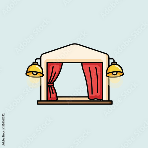 Stage with red curtains and lamps on a light blue background illustration.