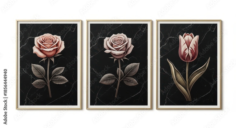 Obraz premium Elegant triptych of realistic roses and tulip on dark background