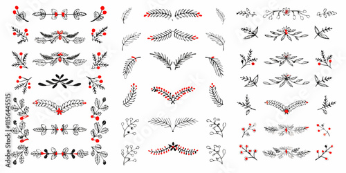 Collection of decorative botanical elements with sprigs and berries in black and red