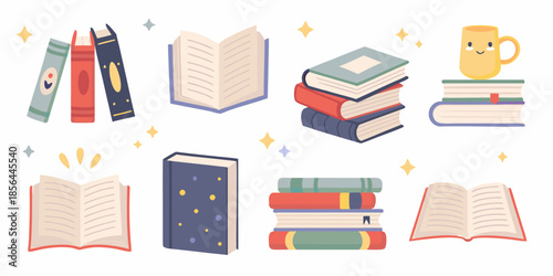 An assortment of colorful books a warm mug and scattered sparkling stars