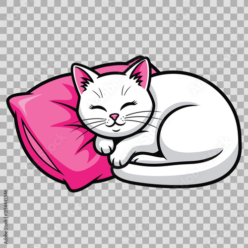 An adorable young white kitten with beautiful eyes and soft fur sits beside a cute cartoon red mouse in this funny vector illustration of domestic feline pets