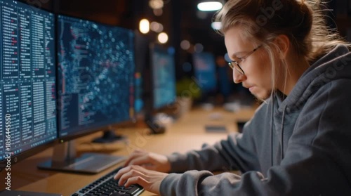 A woman in a dark room works intensely on a computer surrounded by multiple screens displaying code