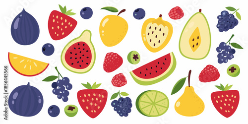 Colorful assortment of fresh fruits including berries melons and citrus