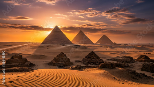Pyramids of Giza, Egypt, ancient pyramids in desert, dramatic sunset sky, ultra realistic