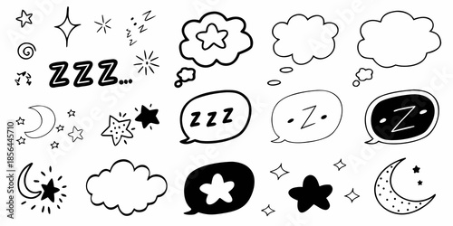 Dreamy sleep symbols clouds stars moon and zzzs in a doodle style