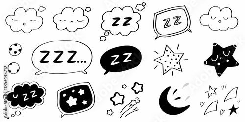 Cute cartoon sleep icons with clouds stars and speech bubbles