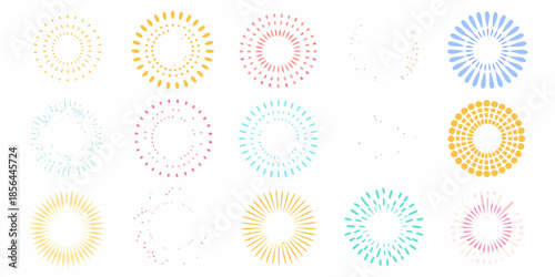 Colorful circular burst patterns and dotted designs arranged on a white background