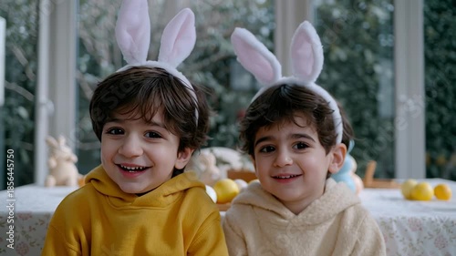Two joyful children wear bunny ears while sitting at a table filled with spring decorations. They smile brightly in a sunny garden, celebrating the cheerful season of spring