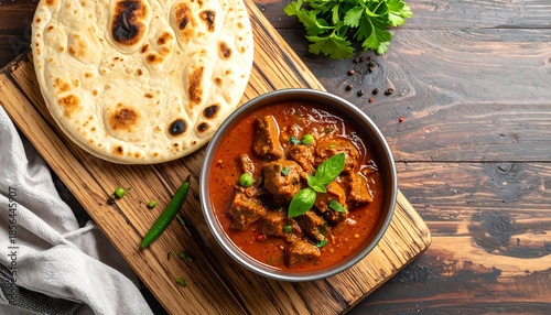 Delicious indian butter lamb curry with naan bread served on a wooden board