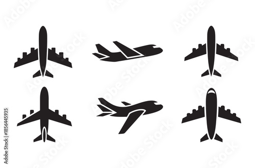 Airplane Silhouette Icon Sheet – Aviation, Travel, Flight Black Vector Set