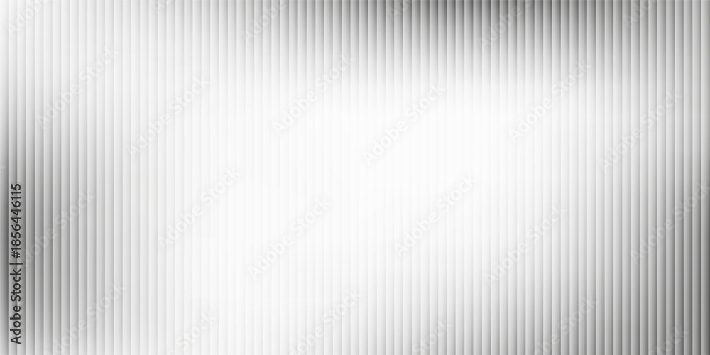 Fototapeta premium Acrylic satin corrugated glass texture light gray background. Blurred soft ribbed transparent striped door window overlay. Metal silver reeded polycarbonate sheet. Abstract vertical gradient pattern