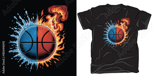 Basketball vs fire and water element splash design on black  graphic design T-shirt print 