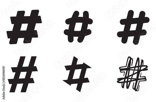 Hashtag Silhouette Icon Sheet – Social Media Tag, Trend Black Vector Set
