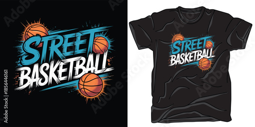 Street basketball blue script and white block lettering with balls splash graphic design t-shirt print
