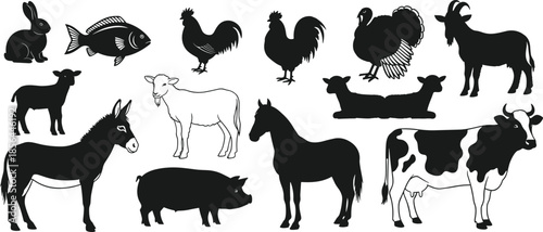 Collection of domestic farm animal silhouettes including cow horse pig goat sheep rooster turkey and rabbit for livestock agriculture design projects