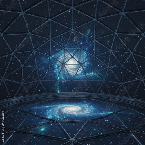Round chamber with galaxy and stars covering all surfaces creating cosmic planetarium effect