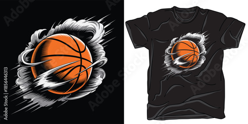 Basketball ball bursting through a surface with dynamic speed lines effect graphic design T-shirt print