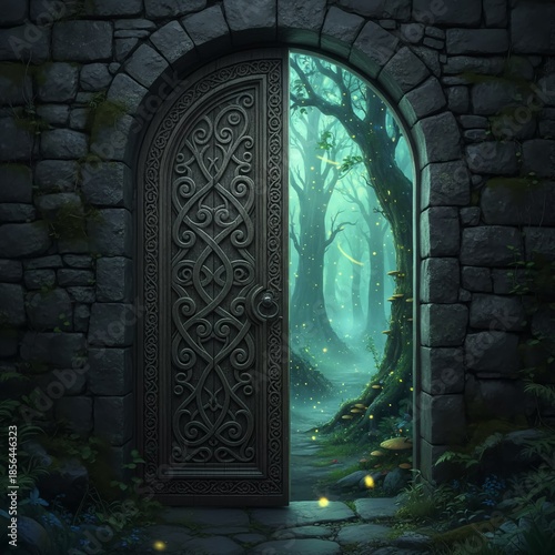 Ornate wooden door in dark stone wall revealing enchanted forest with glowing fireflies through doorway
