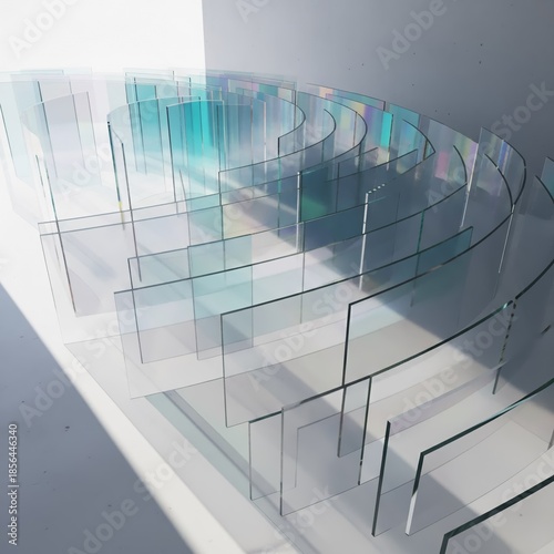 Transparent glass panels layered in depth with frosted sheets creating crystalline maze effect
